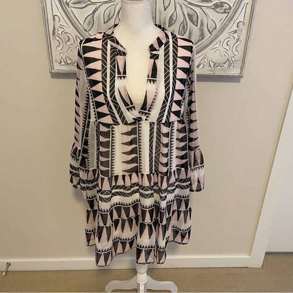 FS Collection Aztec Smock Tunic Mini Dress In Black, Small - Picture 2 of 10